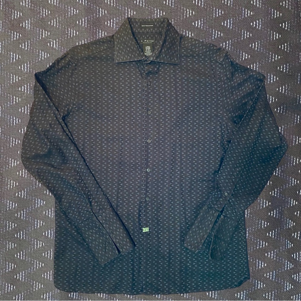 J Ferrar 16-16.5 Modern Fit Dress Shirt French Cuffs black blue zigzag pattern